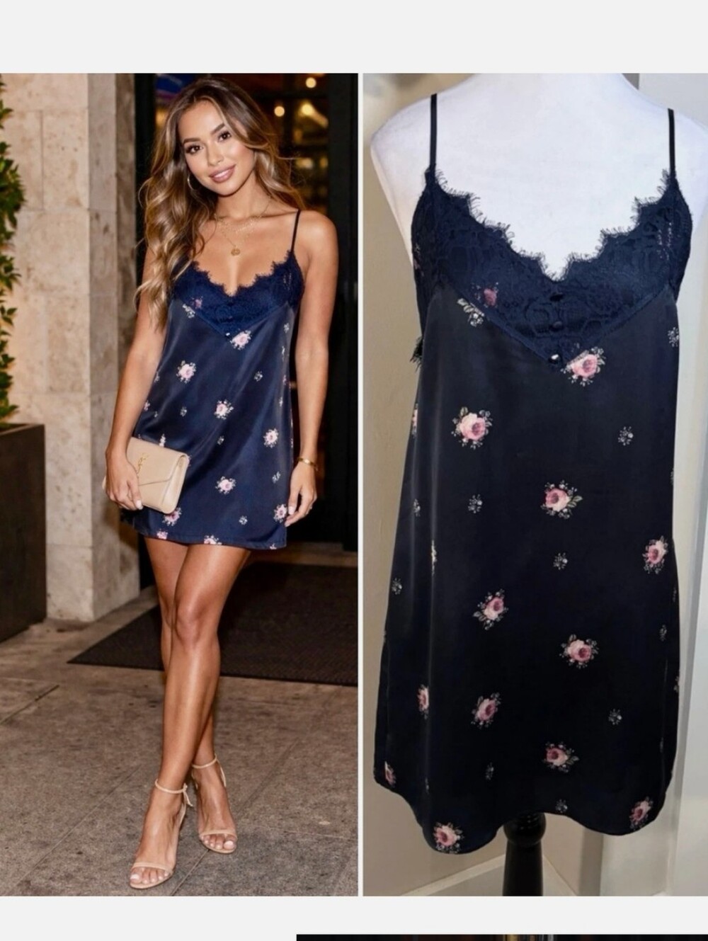 Abercrombie & Fitch Navy Floral Lace-Trim Slip Dress